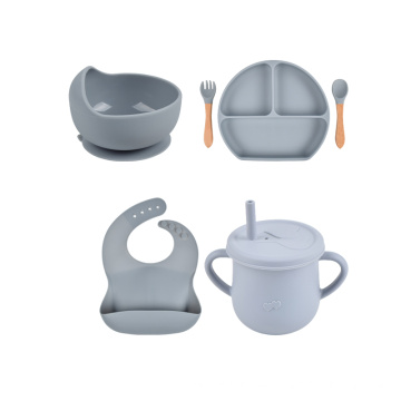 Organic Food Grade Bpa Divided Kids Complete Custom Logo Water Cup Bibs And Bowl Grey Supplies Sillicone Baby Feeding Set
